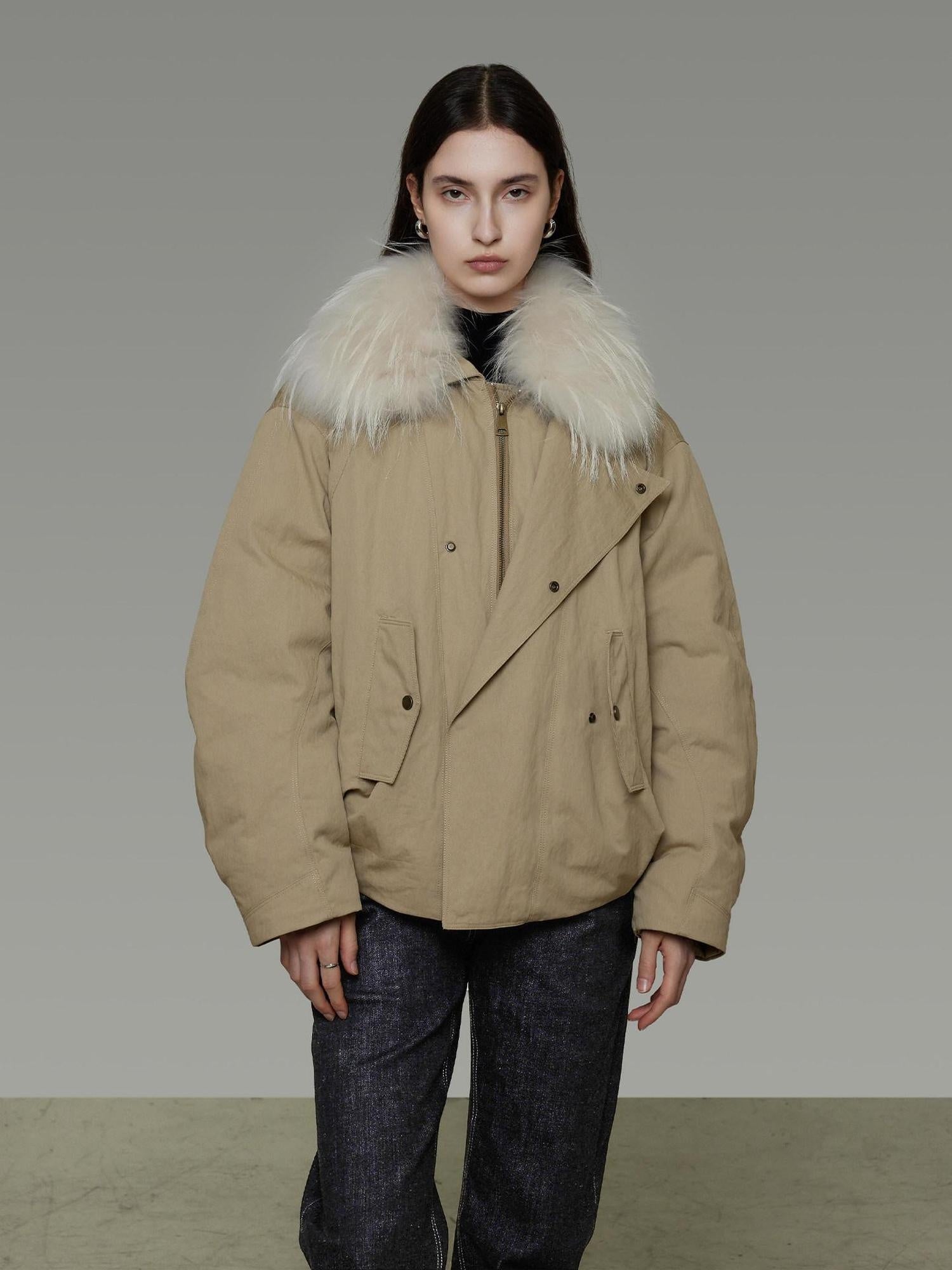 unspoken 90% White Duck Down Fur Collar Loose Commuter Khaki Zip Lapel Down Jackets