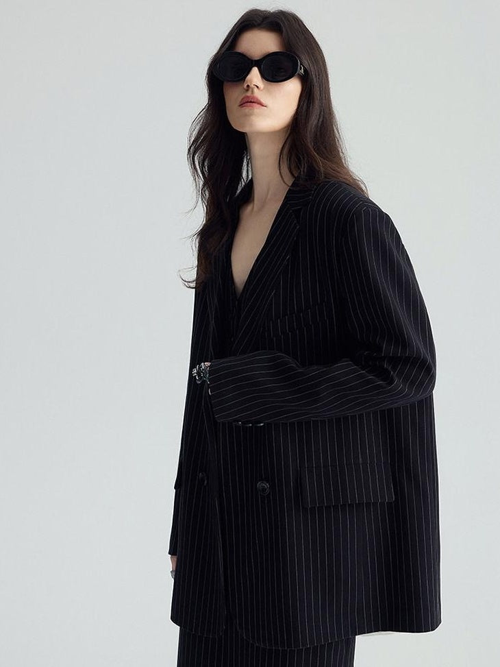 audreyyang Original Design Relaxed Fit Double Breasted Women Black Polyester Blazers