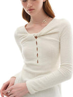 someonesometimes Soft Stretch V-neck Cutout Slim Fit Knit For Women Apricot Long Sleeve T-Shirts