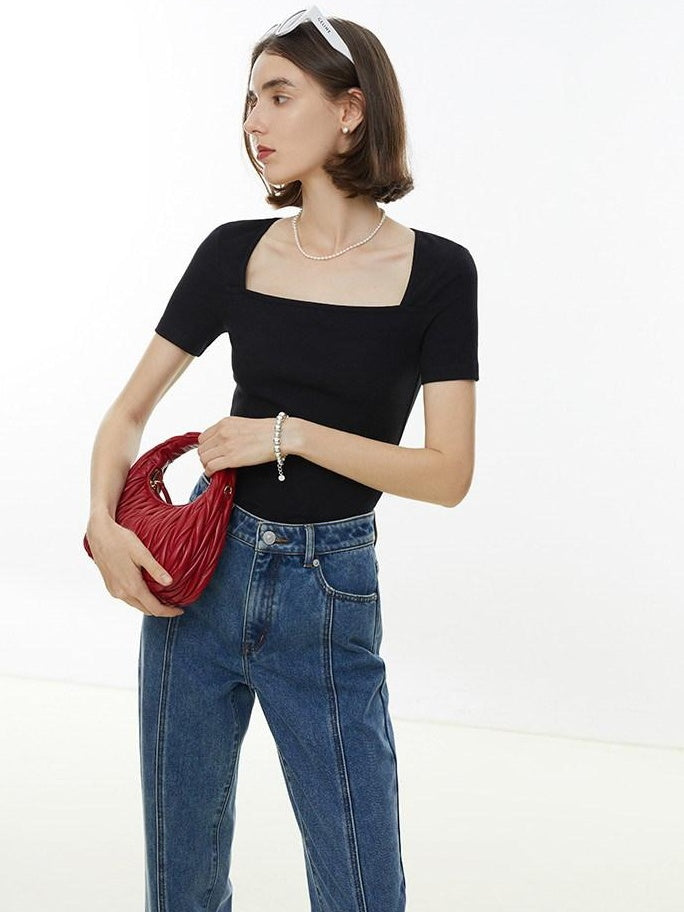 fano Creative Square Neck Slim Fit Minimalist Women Black White Short Sleeve T-Shirts