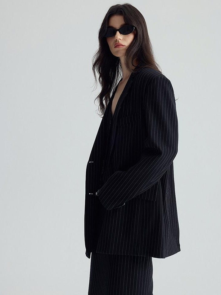 audreyyang Original Design Relaxed Fit Double Breasted Women Black Polyester Blazers