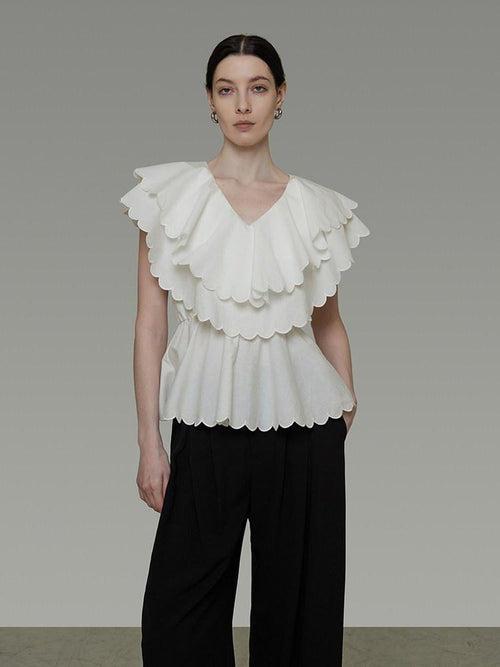 unspoken Breathable Cotton Blend Ruffle Collar Loose Minimal Commuter Women Blouses