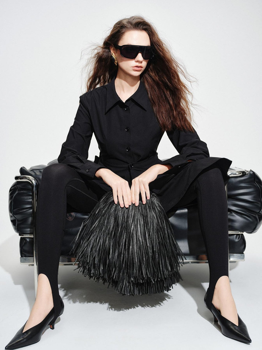 audreyyang Vintage Loose Square Neck Long Sleeve Midi Cardigan Black Polyester Blouses
