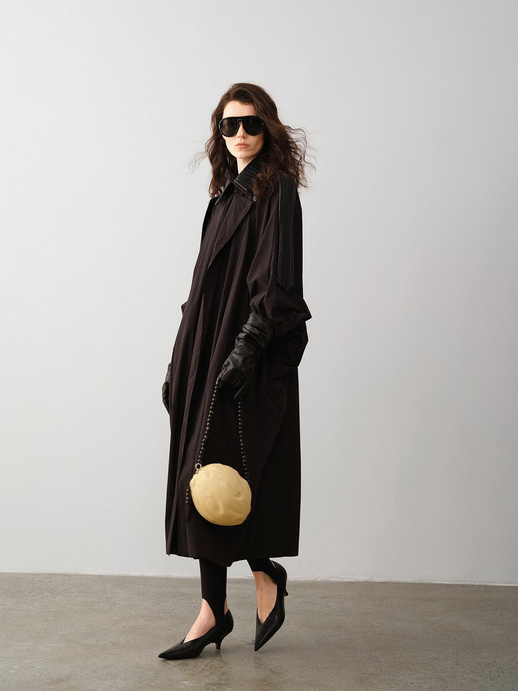 audreyyang Long Polyamide Patchwork Trench Decorative Tabs Women Black Trench Coats