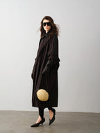 audreyyang Long Polyamide Patchwork Trench Decorative Tabs Women Black Trench Coats