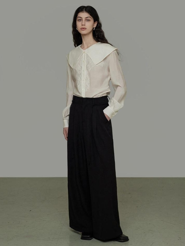 unspoken Lyocell Embroidered Doll Collar Loose Fit Women White Button Long Sleeve Blouses