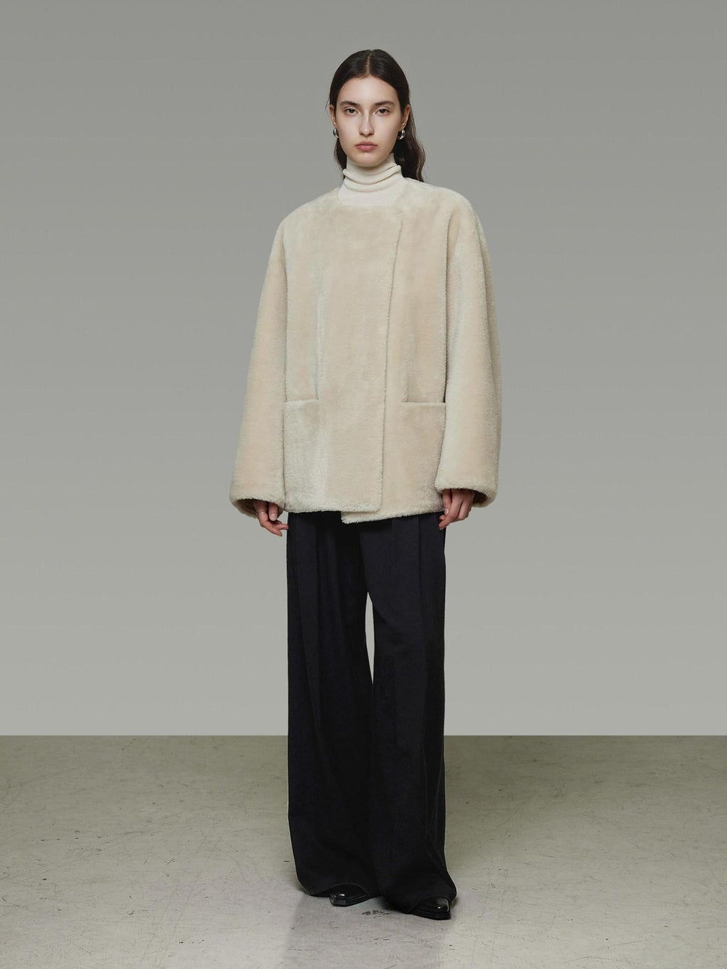 unspoken Warm Cream Collarless Minimalist Relaxed Fit Women Polyester Short Coat