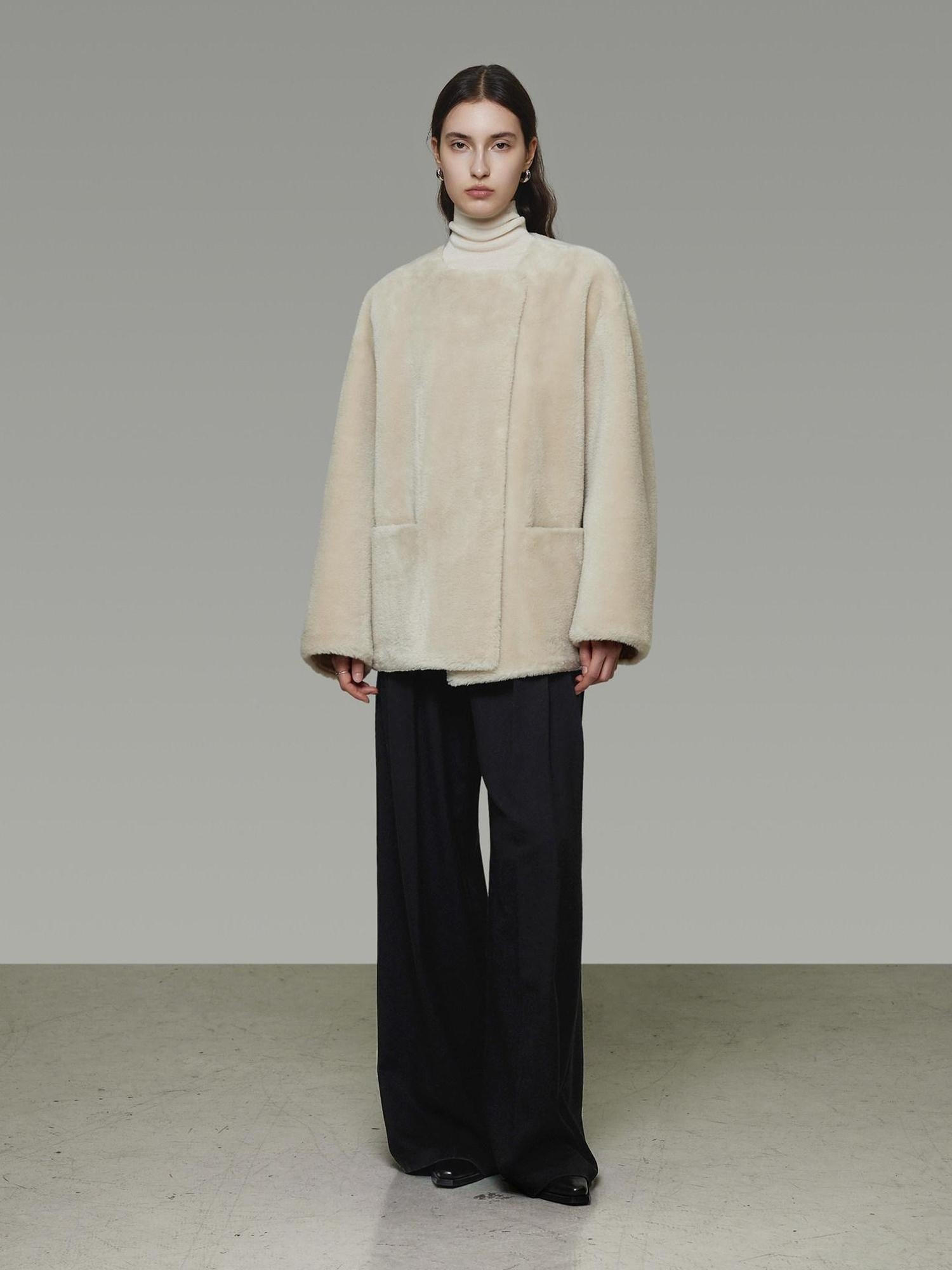 unspoken Warm Cream Collarless Minimalist Relaxed Fit Women Polyester Short Coat