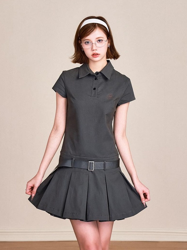 ikyou Breathable 100 Percent Cotton Embroidered A Line Polo Utility Gray Midi Dresses