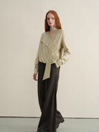 someonesometimes Breathable Casual Loose V-neck Tie Front Bell Sleeve Floral Cantaloupe Blouses