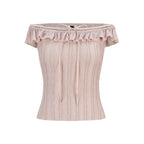 someonesometimes Lace Tie Slim Fit Short Solid Mauve Cream Daily Chic Off Shoulder Crop Tops