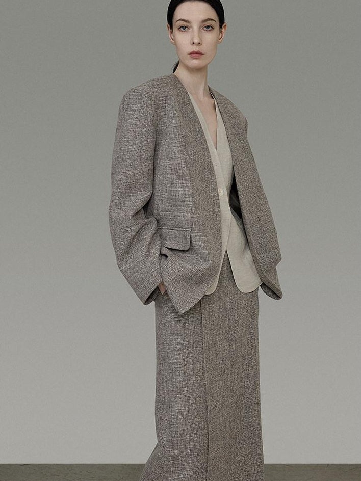 unspoken Minimalist Heather Gray Loose Fit Longsleeve Office Polyester Top & Skirt Sets