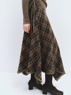 someonesometimes High Waist Vintage Irregular Hem Loose Fit Olive Check Casual Women Maxi Skirts