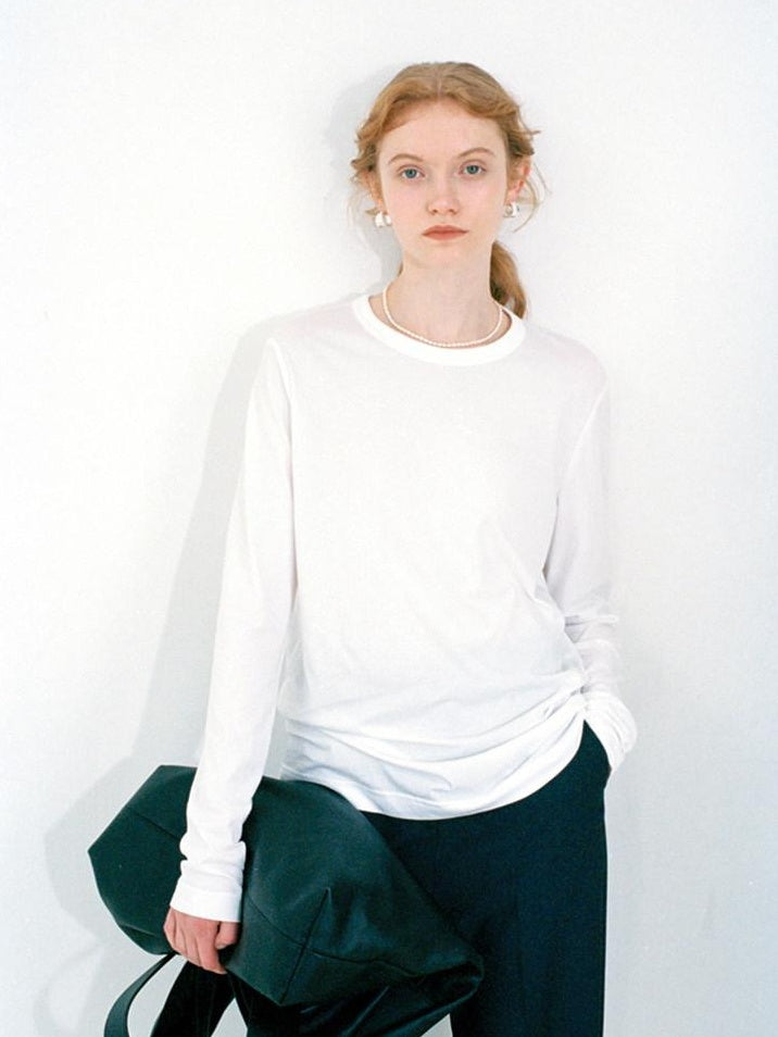 fano Minimalist 100 Percent Cotton Loose Crew Neck Women Basic Long Sleeve T-Shirts