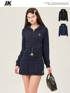 ikyou Sleek Slim Fit Zip Up Patchwork Pockets Commuter Cotton Lined Hoodie
