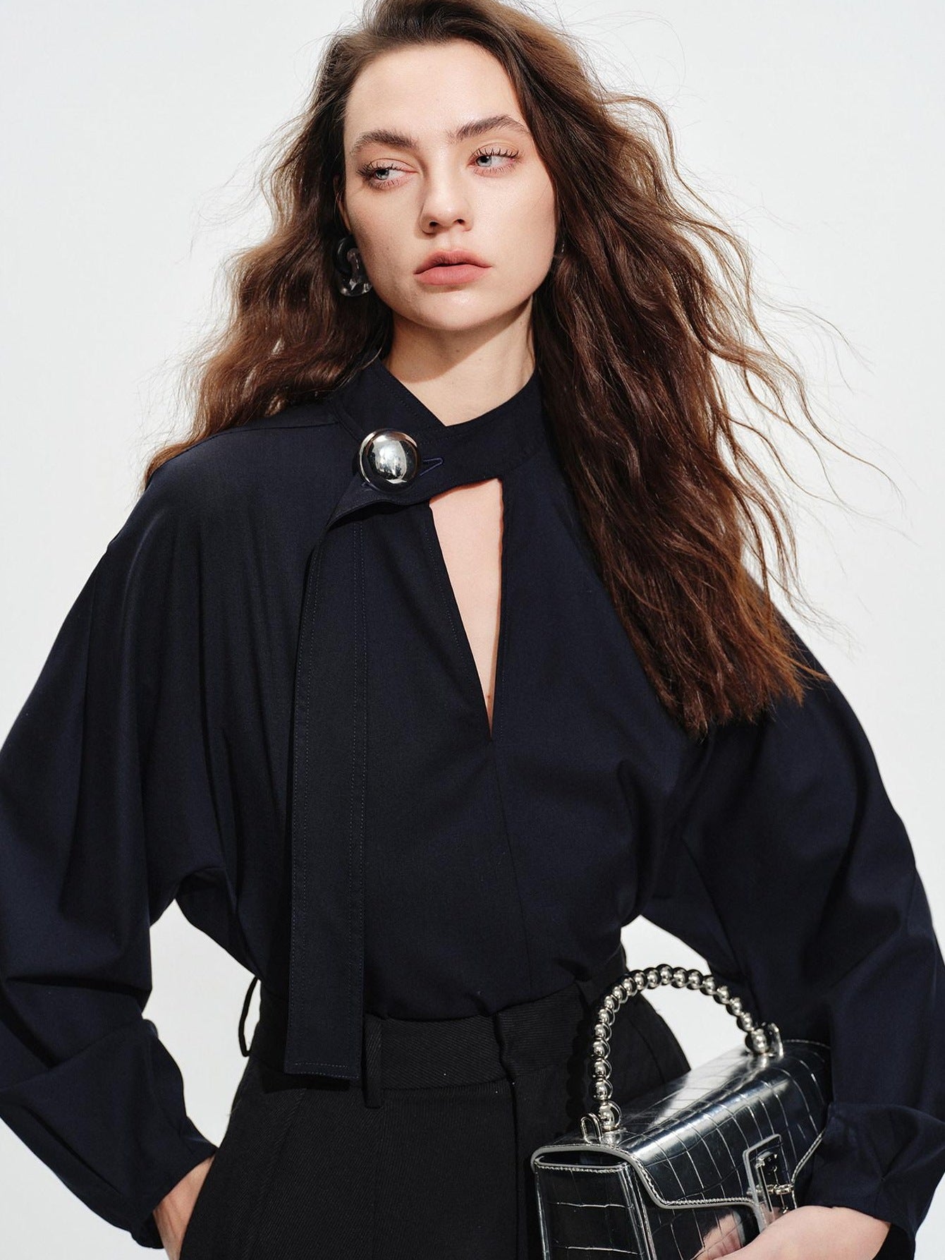 audreyyang Shape Retaining Loose Long Lantern Sleeve Pullover Navy Polyester Women Blouses