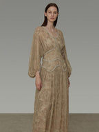 unspoken Casual Jacquard A Line Natural Waist Long Sleeve U Neck Khaki Women Maxi Dresses