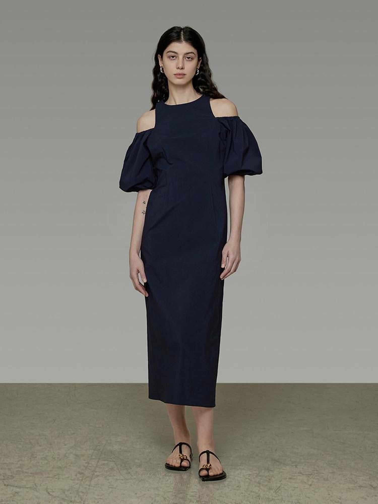 unspoken Slimming Waist A Line Irregular Hem Puff Sleeve City Navy Maxi Dresses