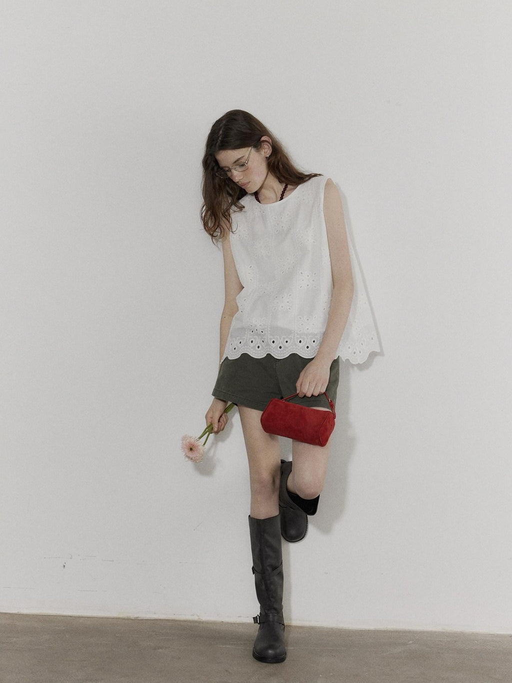 Lofi choose Breathable Pure Cotton Embroidered Loose Fit Commuter Women White Tank Tops