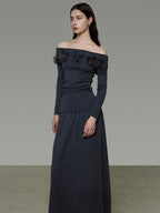 unspoken High Stretch Slim Knit Boat Neck Long Sleeve Dark Gray Office Top & Skirt Sets
