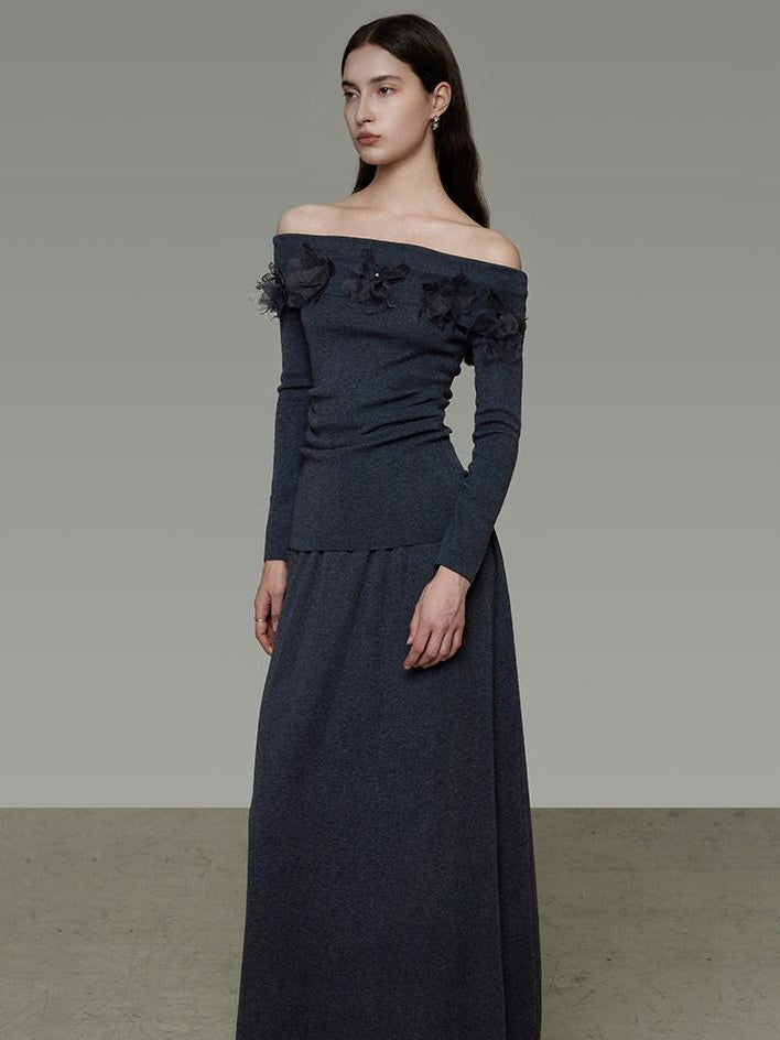 unspoken High Stretch Slim Knit Boat Neck Long Sleeve Dark Gray Office Top & Skirt Sets