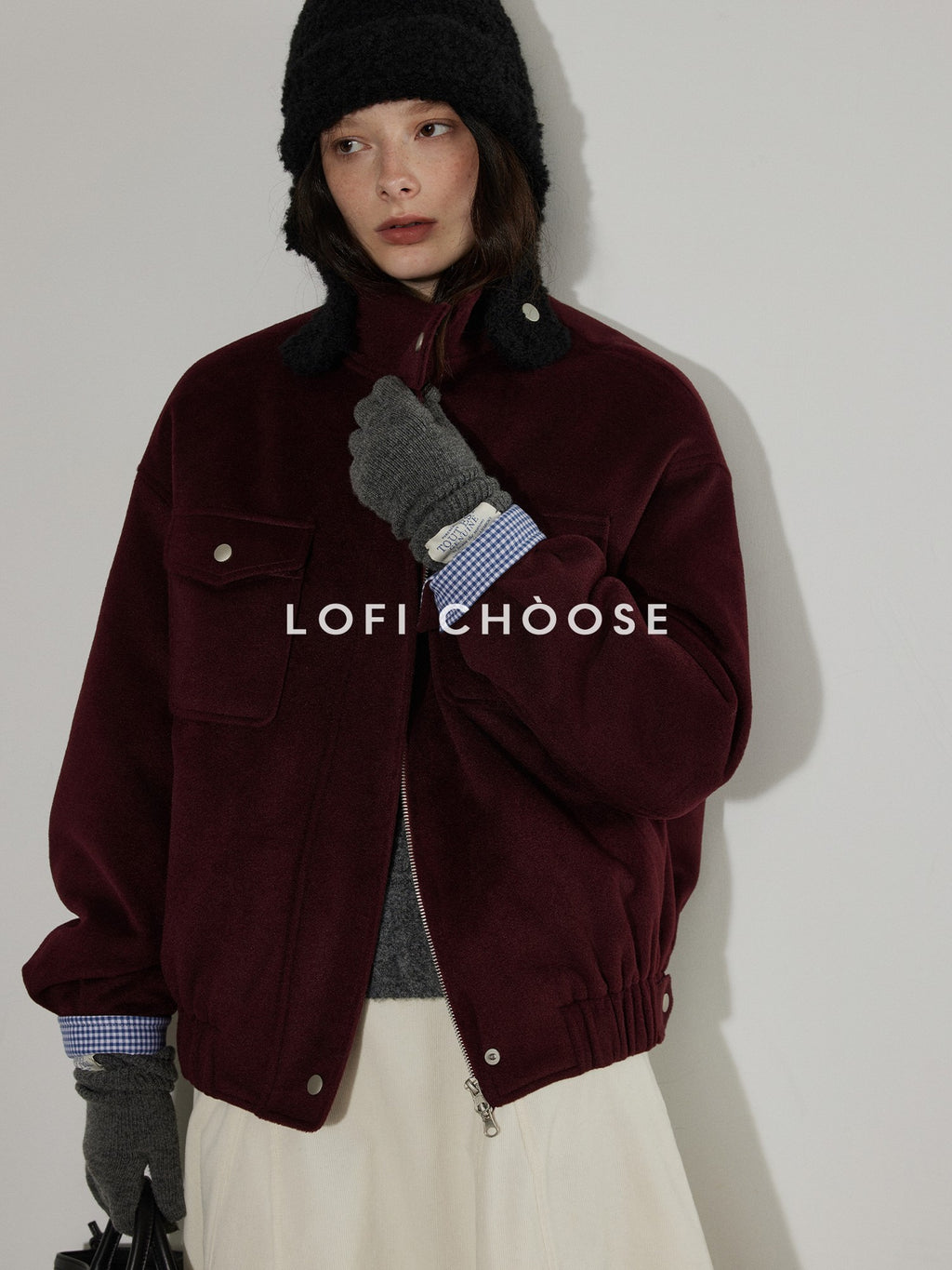 Lofi choose Insulated Cotton Padded Thick Red Stand Collar Loose Fit Commuter Bomber Jackets