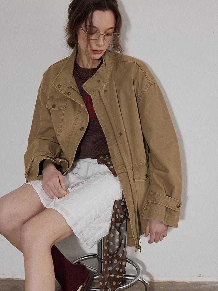 Lofi choose Airy Loose Fit Commuter Lapel Button Longsleeve Solid Khaki Cropped Jackets