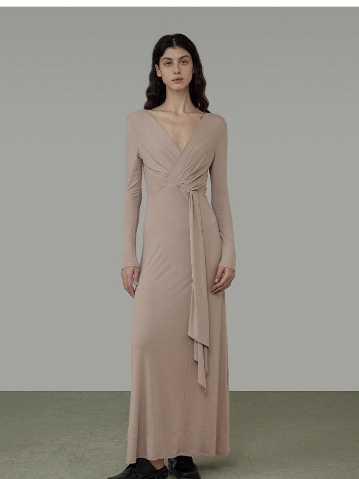 unspoken Lyocell V-neck High Waist Zip Longsleeve Pink Slim Knit Maxi Dresses