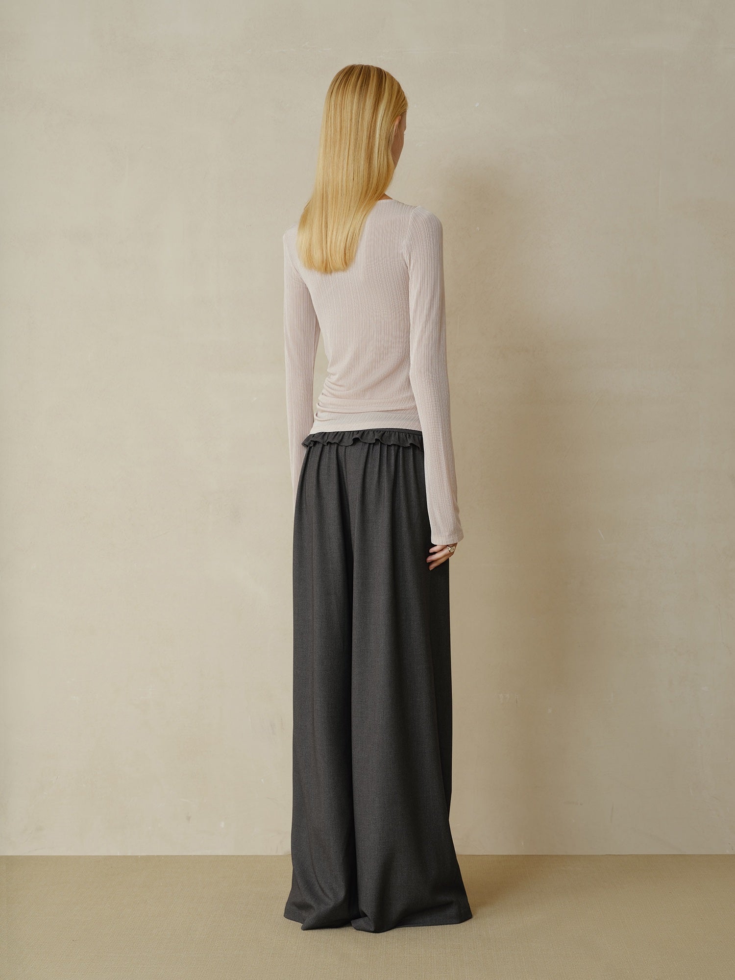 someonesometimes Soft Stretch Casual Ruffle Hem Women Heather Grey Viscose Blend Wide Leg Pants
