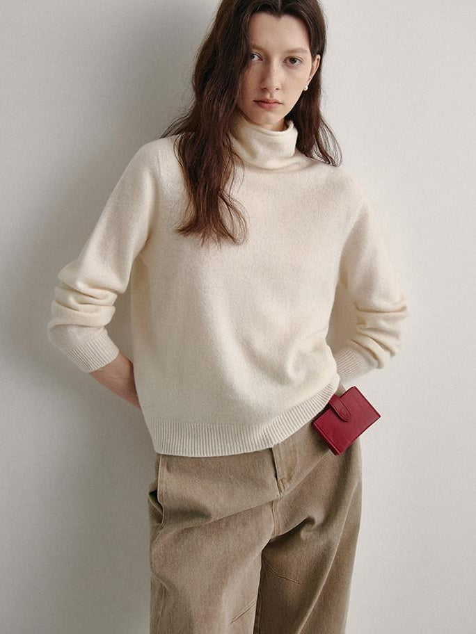 fano 100 Percent Wool High Neck Straight Minimalist Commuter Women Pullover Sweaters