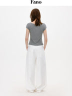 fano Soft V-neck Stretch Slim Fit Korean Office Short Sleeve Grey Basic Crop Tops