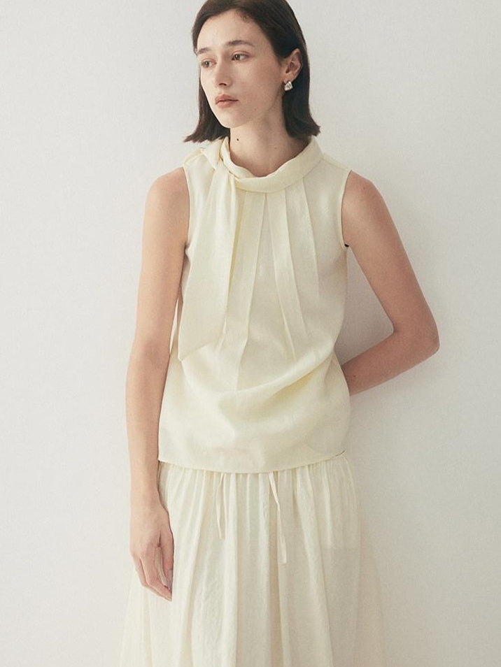 someone sometimes Original Slim Tie Detail Stand Collar Sleeveless Cream Pullover Top & Skirt Sets