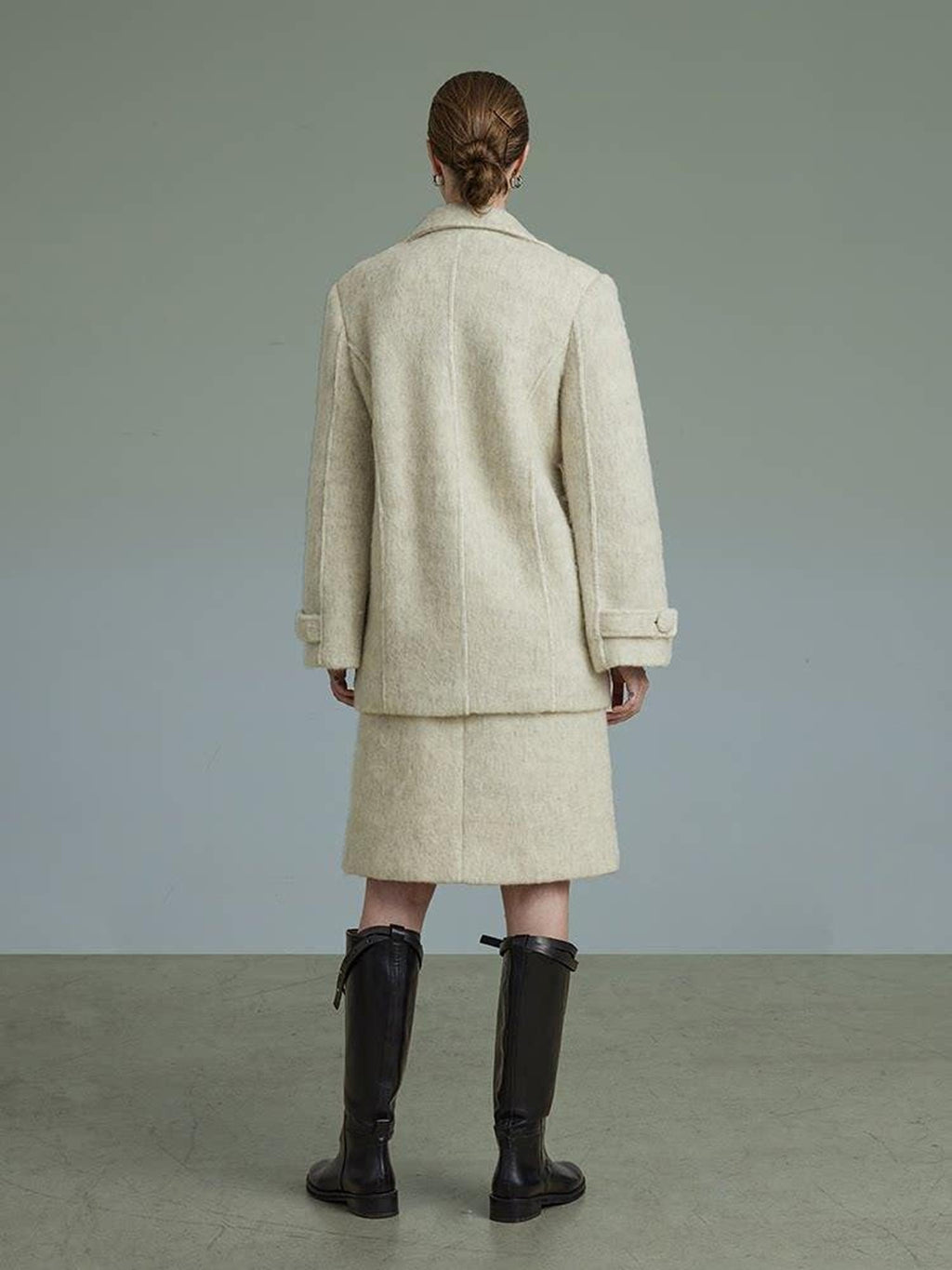 unspoken Porcelain White Wool Blend Minimal Office Single Breasted Notch Top & Skirt Sets