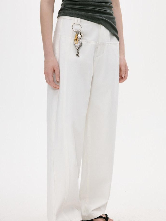 fano White Casual Loose Wide Leg Natural Waist Zipper Women Straight Pants