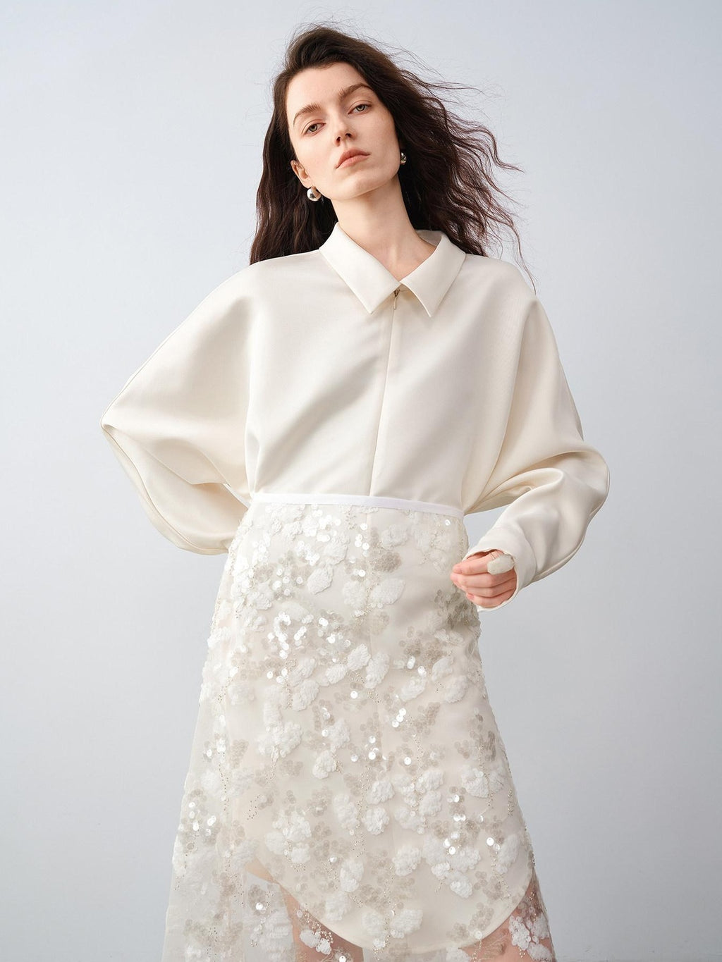 audreyyang Shimmering Sequin Lace Asymmetrical Mid Rise Tie Waist Women White Midi Skirts