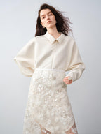 audreyyang Shimmering Sequin Lace Asymmetrical Mid Rise Tie Waist Women White Midi Skirts