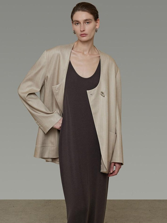 unspoken Breathable Tencel Loose Collarless No Button Minimalist Beige Women Blazers