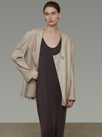 unspoken Breathable Tencel Loose Collarless No Button Minimalist Beige Women Blazers