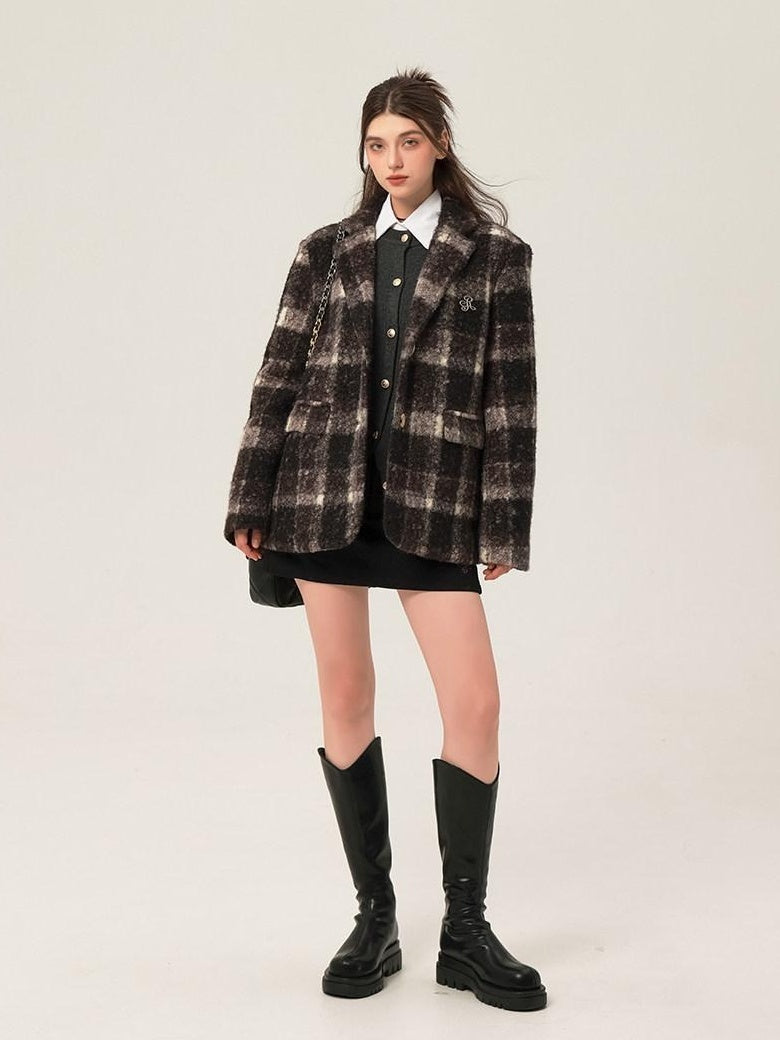 ikyou Minimalist Commuter Straight Fit Blazer Lapel Striped Flocked Office Wool Coats