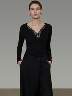unspoken Viscose Knit Casual Slim Lace Trim Women V-neck Long Sleeve Black Blouses