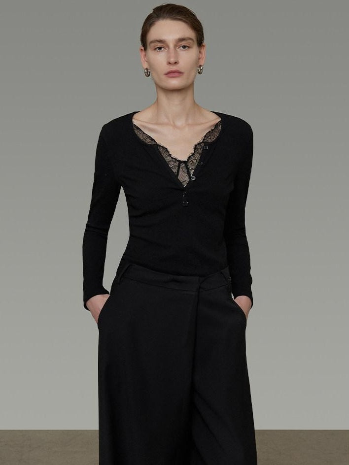 unspoken Viscose Knit Casual Slim Lace Trim Women V-neck Long Sleeve Black Blouses