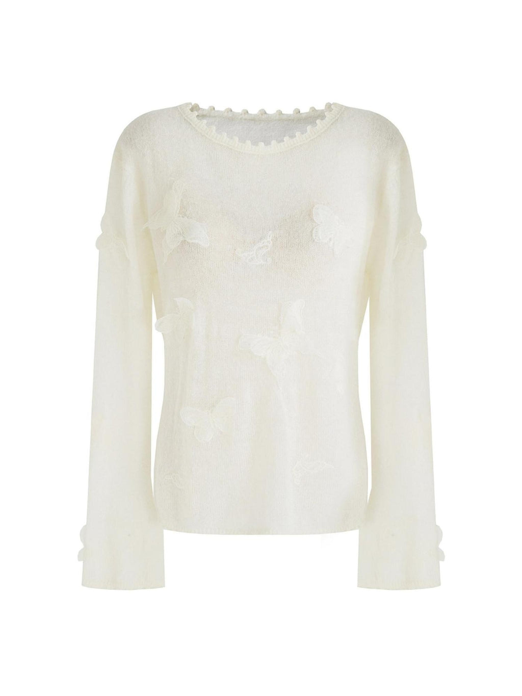 unspoken Breathable Knit Minimalist Relaxed Fit Butterfly Round Neck White Blouses