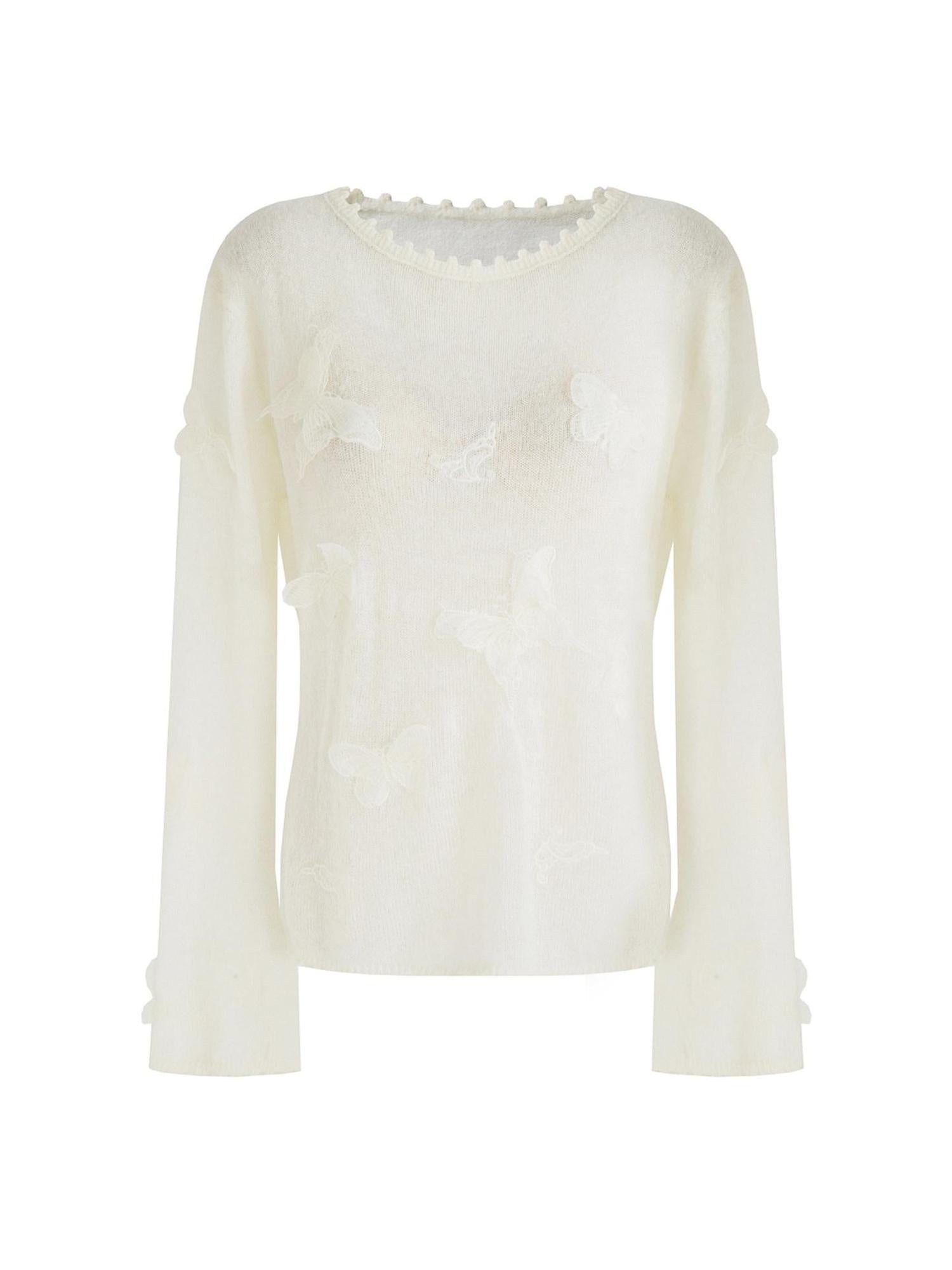 unspoken Breathable Knit Minimalist Relaxed Fit Butterfly Round Neck White Blouses