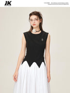 ikyou Office Minimal 3D Detail A Line Sleeveless Round Neck Black White Maxi Dresses