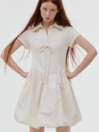fano Stretch Short Sleeve Polo Cocoon Bubble Skirt Natural Waist Beige Midi Dresses