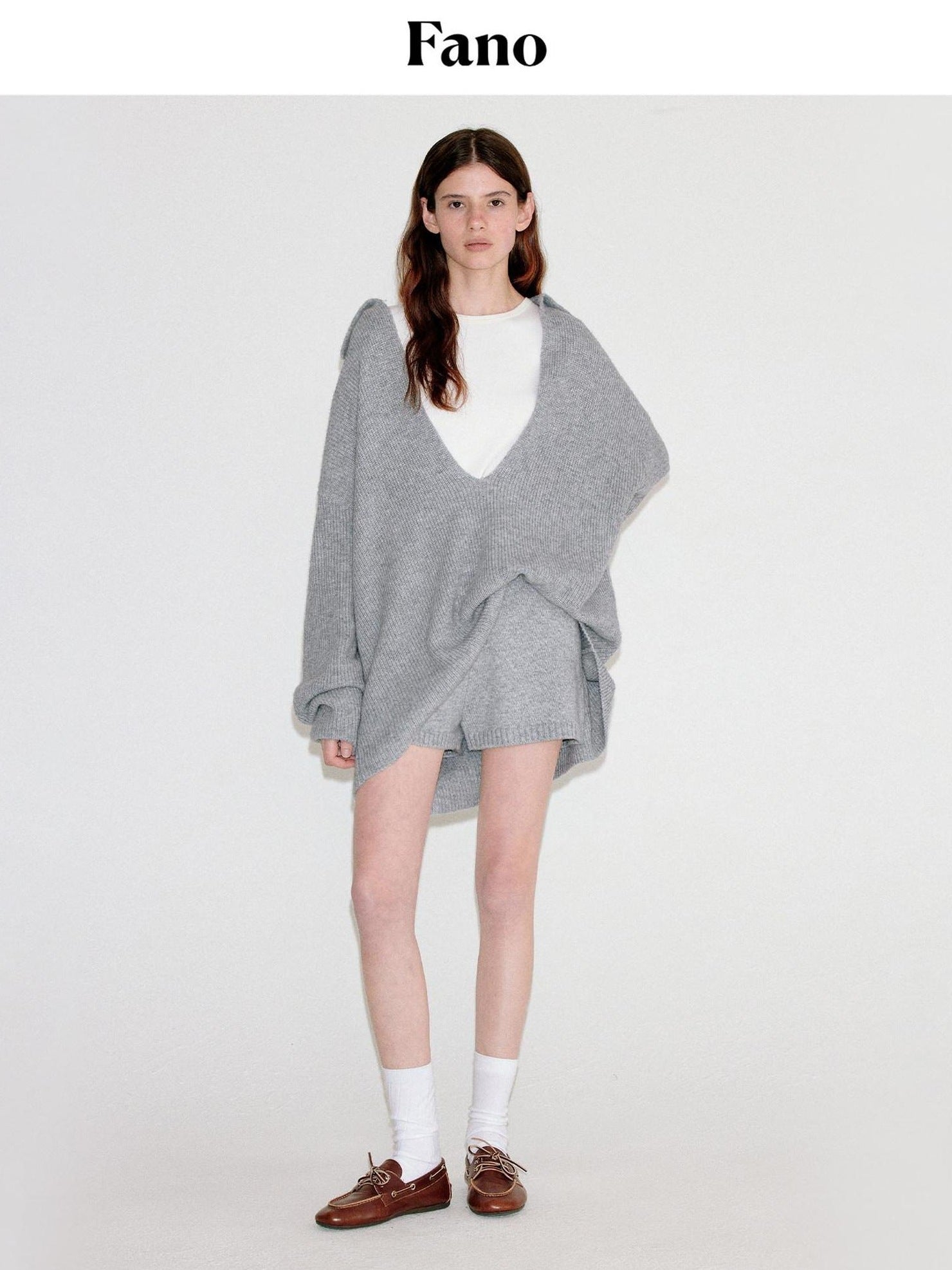 fano Light Heather Gray V-neck Knit Loose Casual Women Top & Shorts Sets