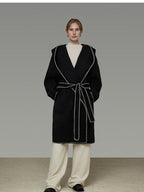 unspoken Cozy Minimalist Commuter Loose Hooded Midlength Women Black Tie Wool Coats