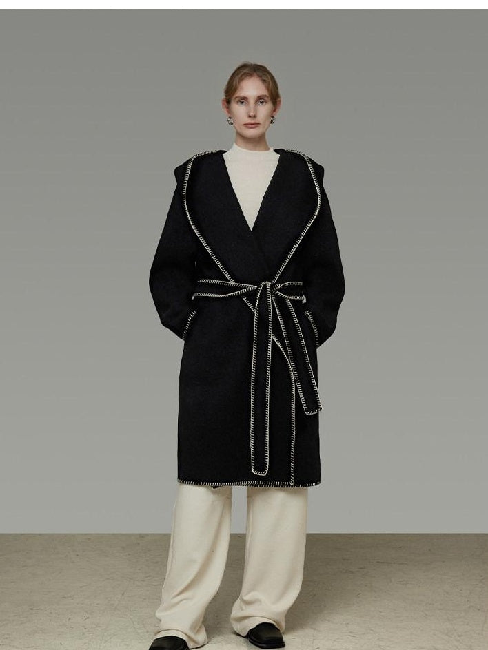 unspoken Cozy Minimalist Commuter Loose Hooded Midlength Women Black Tie Wool Coats