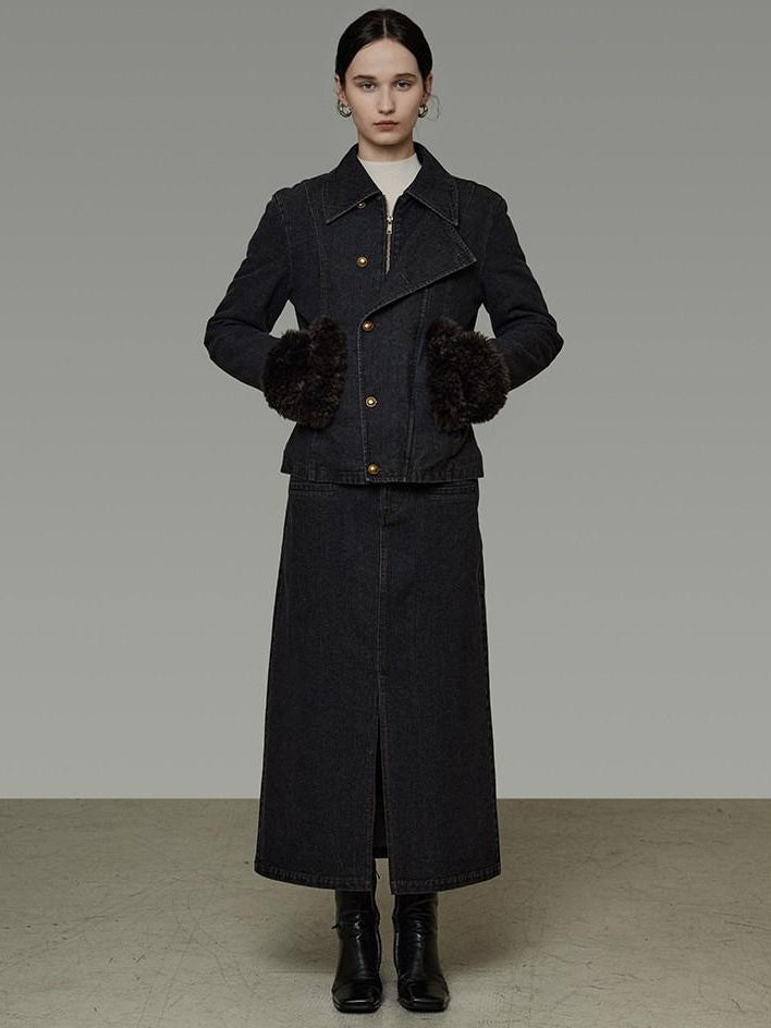 unspoken Warm Buttoned Panel Slim High Waist Long Sleeve Women Black Top & Skirt Sets