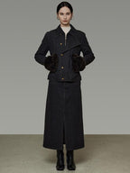 unspoken Warm Buttoned Panel Slim High Waist Long Sleeve Women Black Top & Skirt Sets